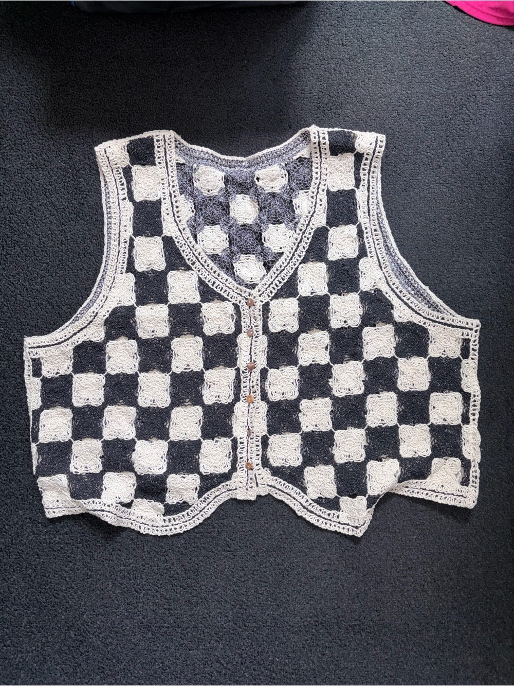 Crochet Checkerboard Button Vest - Black & Cream
